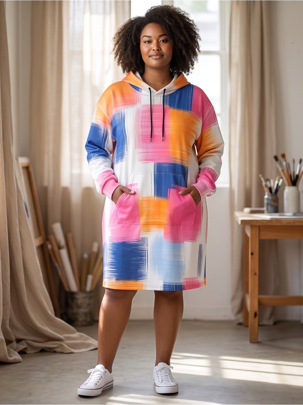 Women’s Plus Size Colorblock Hoodie Dress in Pink, Orange & Blue Size-5XL NEW